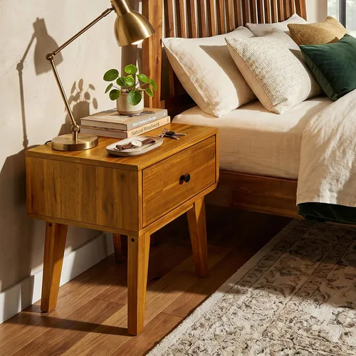 Vista 4 de Acacia Sofia - Mesita de noche con cajón, mesita de noche, mesa auxiliar de madera maciza con cajón y espacio de almacenamiento para dormitorio