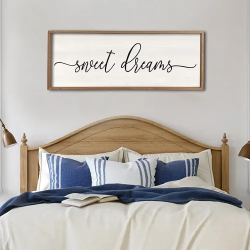 Vista 9 de Decoración de pared de Dulces Sueños sobre la cama de 32"×12" para dormitorio principal, gran letrero de Dulces Sueños, decoración de pared