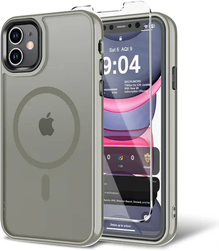 Vista 45 de Funda para iPhone 11 con protector de pantalla, compatible con MagSafe, ultra delgada, translúcida, mate, a prueba de golpes, color negro
