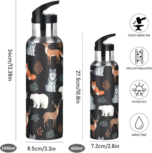 Vista 2 de Cute Animals Fox Wolf Bear Black Insulated Water Bottle 32 Oz, BPA-Free Sports Water Bottle Leakproof Water Bottles