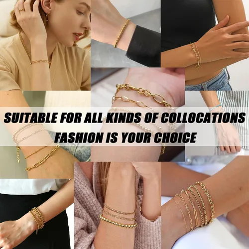 Vista 4 de KesaPlan Juego de pulseras de oro para mujer, ajustables, chapadas en oro de 14 quilates, con cuentas delicadas, juego de pulseras de eslabones