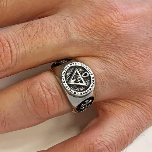 Vista 6 de Anillo Antiquus Mysticusque Ordo Rosae Crucis Signet, Plata de Ley, Bañado en Oro, Rodio, 0.630 x 0.630 in, Anillo Masónico para Hombre