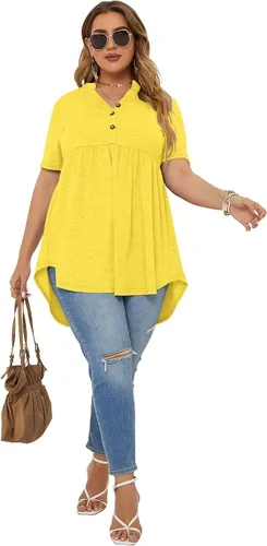 Vista 4 de PLOKNRD Blusas holgadas para mujer, de manga corta, cuello en V, con botones, holgadas, para mujer