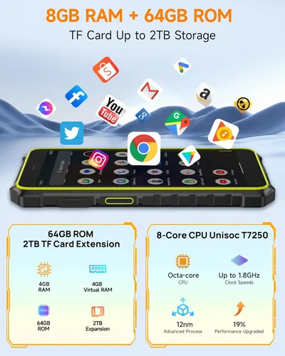 Vista 3 de Ulefone RugKing 2 Pro - Teléfono resistente, 8 (4+4) GB+64 GB Octa-Core, 4500 mAh, teléfono impermeable Android 16, pantalla HD+ Corning Gorilla