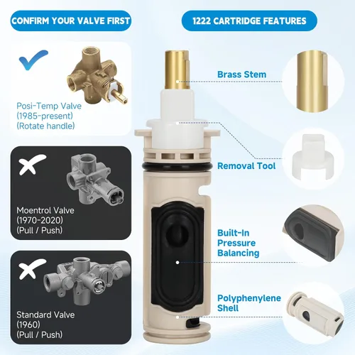 Vista 4 de Shower Cartridge Kit Replacement for Moen 1222/1222B Cartridge 1222 Cartridge with Remove Tool & Adapter Kit