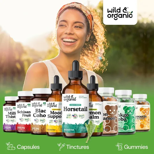Vista 5 de Wild & Organic Tintura de Hierba Cola de Caballo - Soporte para Cabello, Piel y Uñas - Suplemento Líquido de Cola de Caballo - Gotas Veganas