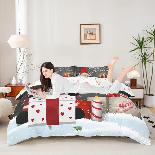 Vista 5 de Erosebridal Juego de ropa de cama de Navidad escandinavos gnomos de Papá Noel, funda de edredón de Papá Noel nevando para niños y niñas, funda