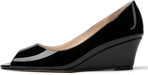 Vista 2 de WAYDERNS Zapatos de tacón bajo con cuña de charol y puntera abierta para mujer de 2 pulgadas