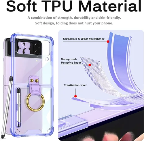 Vista 17 de Miimall Funda compatible con Samsung Galaxy Z Flip 4 2022 con bolígrafo, funda ultradelgada Flip 4 con soporte para anillo, TPU suave + PC, a prueba