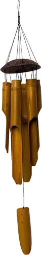 Vista 7 de Campanas de viento hechas a mano, 5 tubos de campana de bambú, parte superior de madera de coco, campanillas de madera de tono bajo y profundo