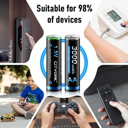 Vista 7 de CITYORK Baterías recargables AA de litio de 3000 mWh, paquete de 8, batería doble A recargable USB de 1.5 V