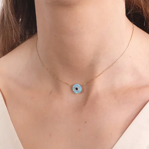 Vista 7 de Blue Opal Evil Eye Necklace,10mm created Opal,14k gold filled chain length 16 inch+ extension