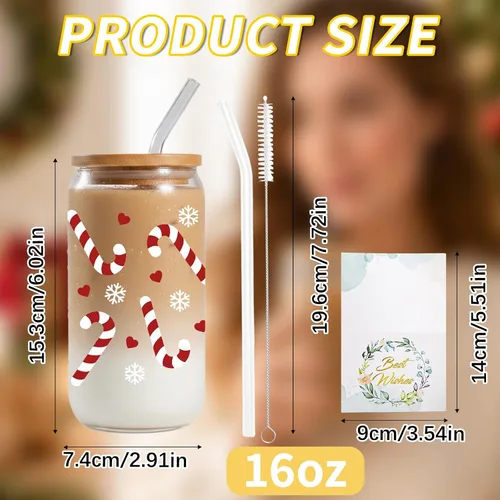 Vista 2 de JEKUGOT Vasos de Navidad para mujeres, vasos de vidrio de 16 onzas con tapa Estilo B