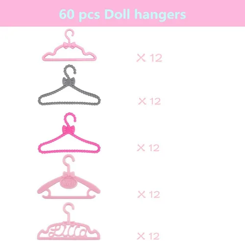 Vista 3 de E-TING 60 piezas de mini perchas de ropa para muñecas de 11.5 pulgadas Perchas pequeñas de plástico mezcladas para muñeca, ropa de armario