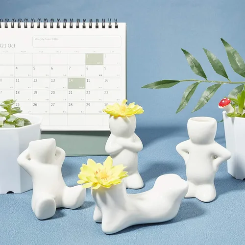 Vista 4 de AHANDMAKER Mini soporte de cerámica para plantas de aire, 4 macetas con forma de muñeca de porcelana, diferentes formas de muñeca de cerámica
