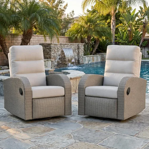 Vista 30 de LayinSun Sillón reclinable giratorio de mimbre de gran tamaño con respaldo ajustable y reposapiés, sillón reclinable para patio Gris