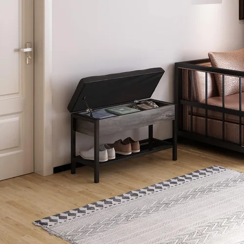 Vista 2 de Vibe & Dine Banco de almacenamiento con asiento acolchado de cuero, banco de zapatos para entrada con caja de almacenamiento abatible, banco otomano
