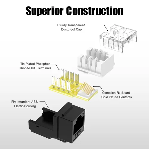Vista 7 de VCE UL Listed Cat6 RJ45 Keystone Jack Insert 25-Pack, 90 Degree Punch Down Keystone Jack Adapter Slim Profile Negro Conectores Keystone RJ45
