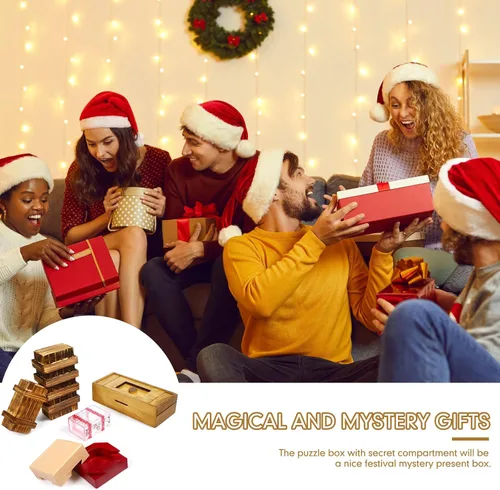 Vista 6 de Hanaive Paquete de 5 Cajas de Rompecabezas de Navidad, Caja de Regalo de Madera con Dinero Secreto, Rompecabezas Oculto con Compartimentos