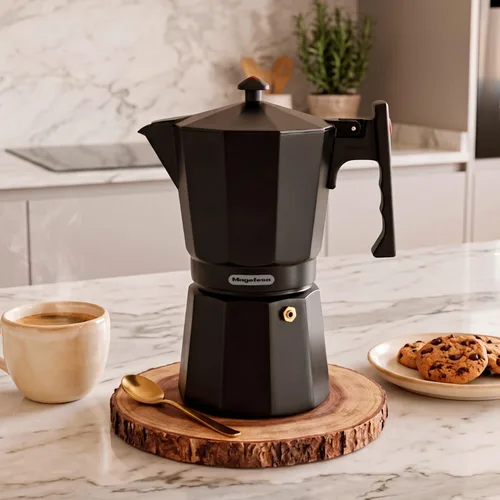 Vista 2 de Magefesa Colombia Noir - Olla de café expreso, 3 tazas/5 onzas, cafetera italiana para café cubano, aluminio extragrueso, mango resistente al calor