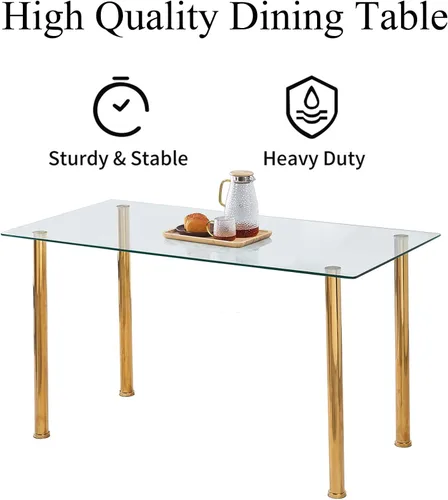 Vista 4 de Juego de comedor de cristal de 5 piezas dorado para 4, mesa de cocina rectangular con 4 sillas de piel sintética, juego de mesa de comedor compacto