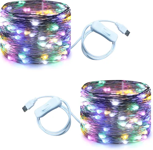 Vista 13 de RUICHEN Guirnalda de luces USB de 33 pies, 100 luces LED con interruptor de encendido/apagado (blanco cálido, paquete de 2)