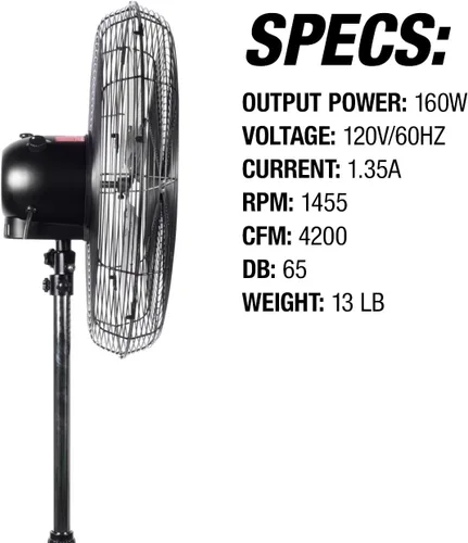Vista 10 de OEMTOOLS OEM24871 - Ventilador de pedestal oscilante de 20 pulgadas, altura ajustable para garaje, tienda, gimnasio, almacén de flujo de aire
