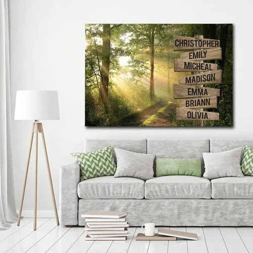 Vista 3 de MySoulAndSpirit Store - Lienzo personalizado con múltiples nombres de sol a través del bosque, arte de pared personalizado con nombre de la familia
