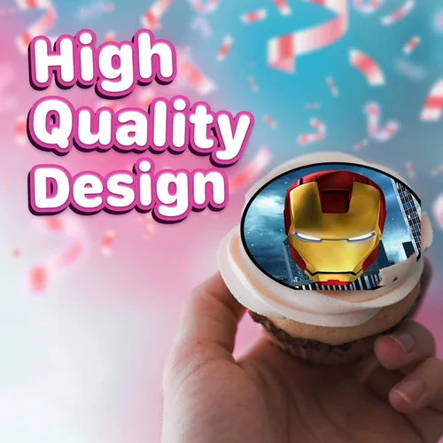 Vista 3 de 30 adornos comestibles para cupcakes con temática de Iron Man, colección de decoraciones comestibles para tartas, sin cortar comestibles en hoja
