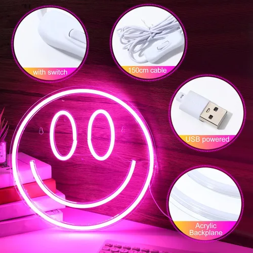 Vista 4 de Honoson 2 luces de neón faciales de 13 pulgadas, letreros de neón grandes alimentados por USB, lindas luces de sala de juegos para pared
