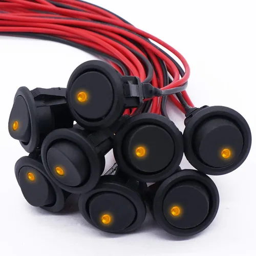 Vista 9 de Twidec /8 unids SPST Punto redondo iluminado interruptor basculante Control de palanca para coche o barco 20A 12V DC On/Off luz LED azul con cables