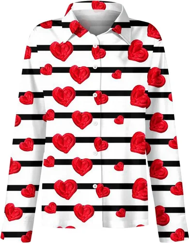 Vista 3 de Camisetas de San Valentín para mujer, camisas con botones, blusas de corazón, elegantes, informales, cuello de solapa, manga larga, suave, cómoda