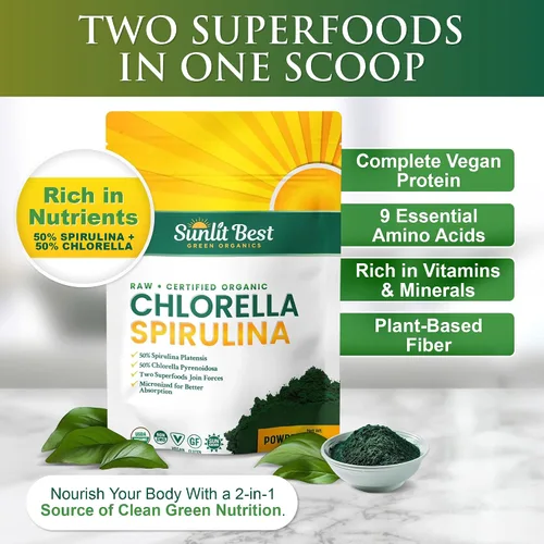 Vista 2 de Sunlit Best USDA Organic Chlorella Spirulina en polvo – Fuente 100% cruda y vegana de proteína y clorofila Bebida energética de superalimentos sin