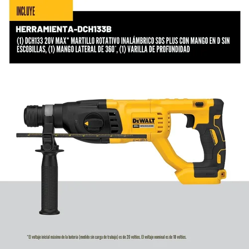 Vista 2 de DEWALT Martillo giratorio inalámbrico de 20 V MAX SDS Plus de 1 pulgada con mango en D, solo herramienta desnuda (DCH133B)