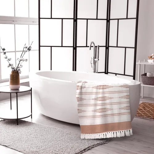 Vista 4 de Okuna Outpost Alfombras de baño – Alfombra de baño bohemia con borlas y pelo bajo – Alfombra de baño y ducha de algodón lavable – Decoración bohemia