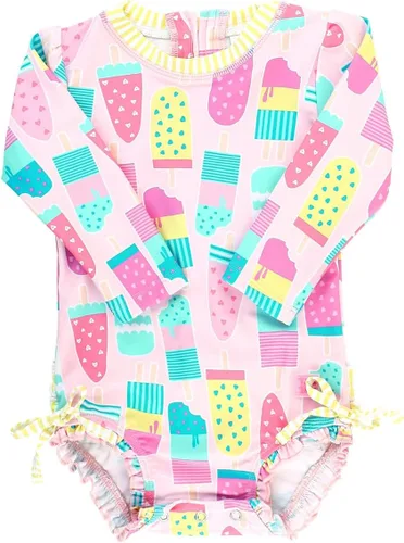 Vista 56 de RuffleButts - Traje de baño de una pieza con protección solar UPF 50+, camiseta de protección floral estampado, manga larga, con cierre zipper