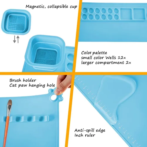 Vista 2 de SHNOKER Tapete de silicona para manualidades de 21.7 x 17.7 pulgadas, tapete de pintura de silicona súper grande con 1 taza magnética y paleta