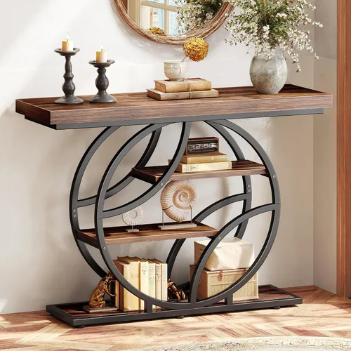 Vista 15 de Huuger Mesa de entrada de 41.3 pulgadas, mesa de sofá industrial con consola y almacenamiento, mesa de acento con estantes, para entrada, pasillo