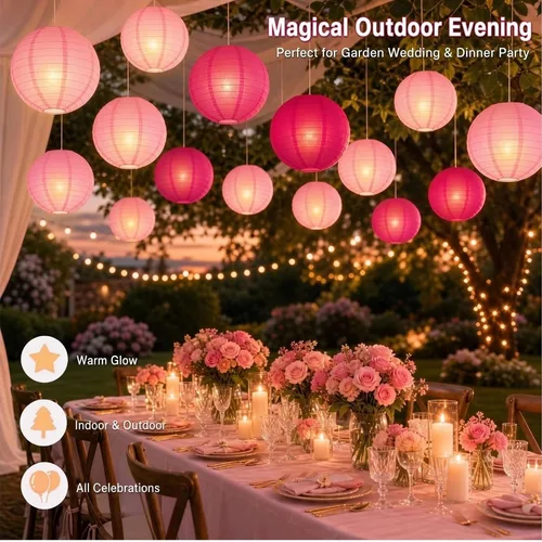 Vista 4 de Linternas de papel chino rosa con luces LED, paquete de 10