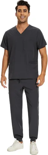 Vista 7 de COZYFIT Conjunto de ropa quirúrgica para hombre camiseta elástica con cuello en V y pantalón deportivo con 8 bolsillos, cintura de yoga, ropa