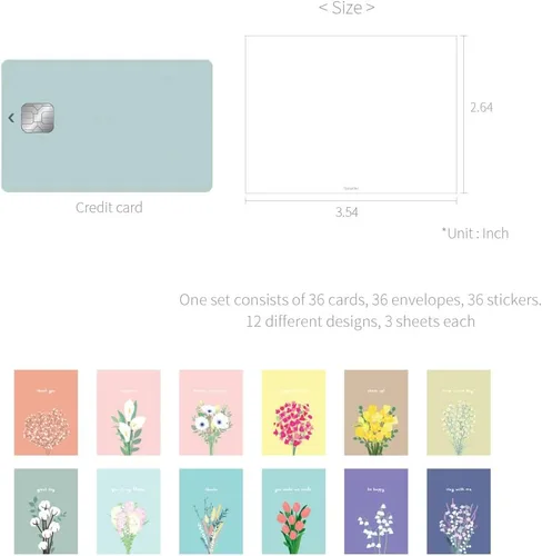 Vista 3 de Monolike Tarjeta Día a día, Flor para ti ver.2 - Mezcla 36 Mini Tarjetas individuales, 36 sobres, 36 pegatinas Paquete