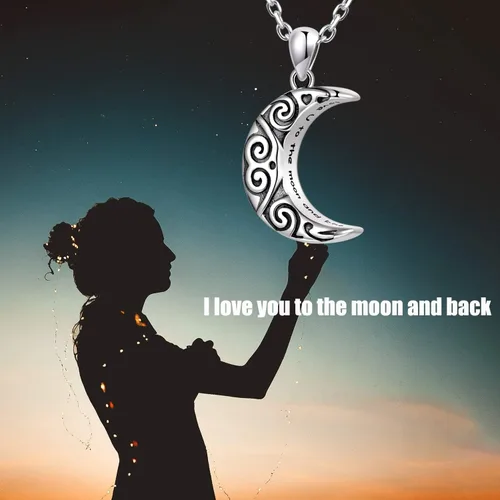 Vista 3 de JXJL Collar de urna con colgante de luna de cremación de plata de ley 925 para mujeres y niñas, medallón conmemorativo clásico de media luna celta