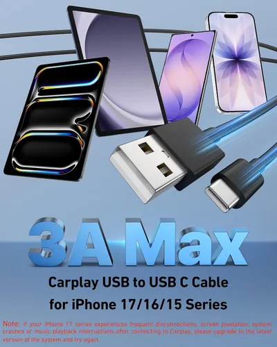 Vista 2 de Cable Carplay de coche para iPhone 17/17 Pro/Air/17e/16/15 Pro Max/Plus, 2 unidades USB A a USB C para CarPlay USBC, iPad, Galaxy, Pixel, accesorios