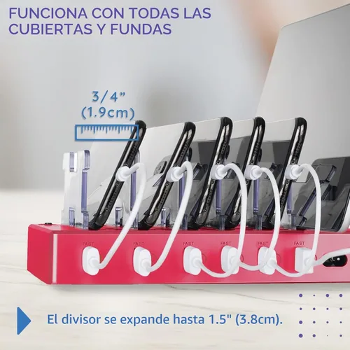 Vista 6 de Estación de carga para múltiples dispositivos – Base de carga USB de 6 puertos para Apple y Android – Organizador de carga múltiple rápida