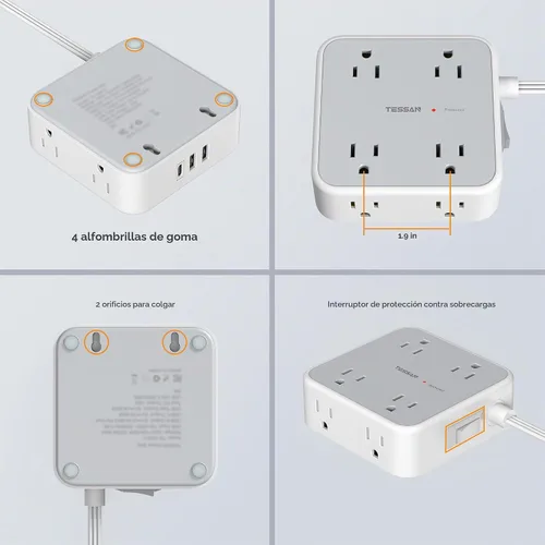 Vista 7 de TESSAN - Tira de alimentación con protector de sobretensiones, cable de extensión plano de 5 pies con 8 salidas de CA, 3 puertos USB (1 USB C), Gris