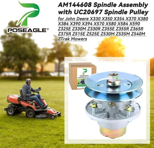 Vista 2 de Conjunto de husillo AM144608 previamente engrasado con polea de husillo UC20697 para John Deere X330 X350 X354 X370 X380 X384 X390 X394 X570 X580