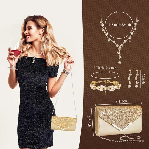 Vista 2 de Henoyso Juego de 5 piezas de joyería de diamantes de imitación con diamantes de imitación, bolso de mano para novia, graduación, collar, aretes