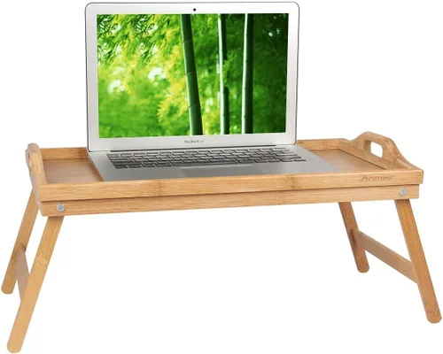 Vista 10 de Artmeer Mesa Bandeja de Cama con Patas Plegables, Bandeja de Desayuno de Bambú con Asas Ideal para Sofá, Cama, Comer, Trabajar, Usada Como
