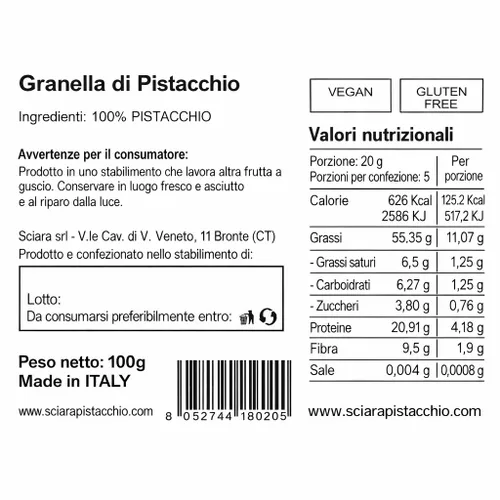 Vista 2 de Sciara Pistachos picados – Pistachos sicilianos sin sal de Bronte Italia – Pistachos triturados premium para hornear y cubrir – Tarro de vidrio 100