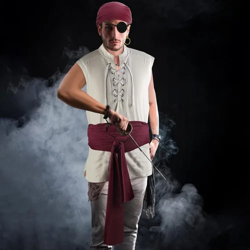 Vista 6 de Boyiee Juego de 5 piezas de disfraz de pirata para hombres y mujeres, camisa medieval renacentista, bandana, cinturón para Halloween, fiesta